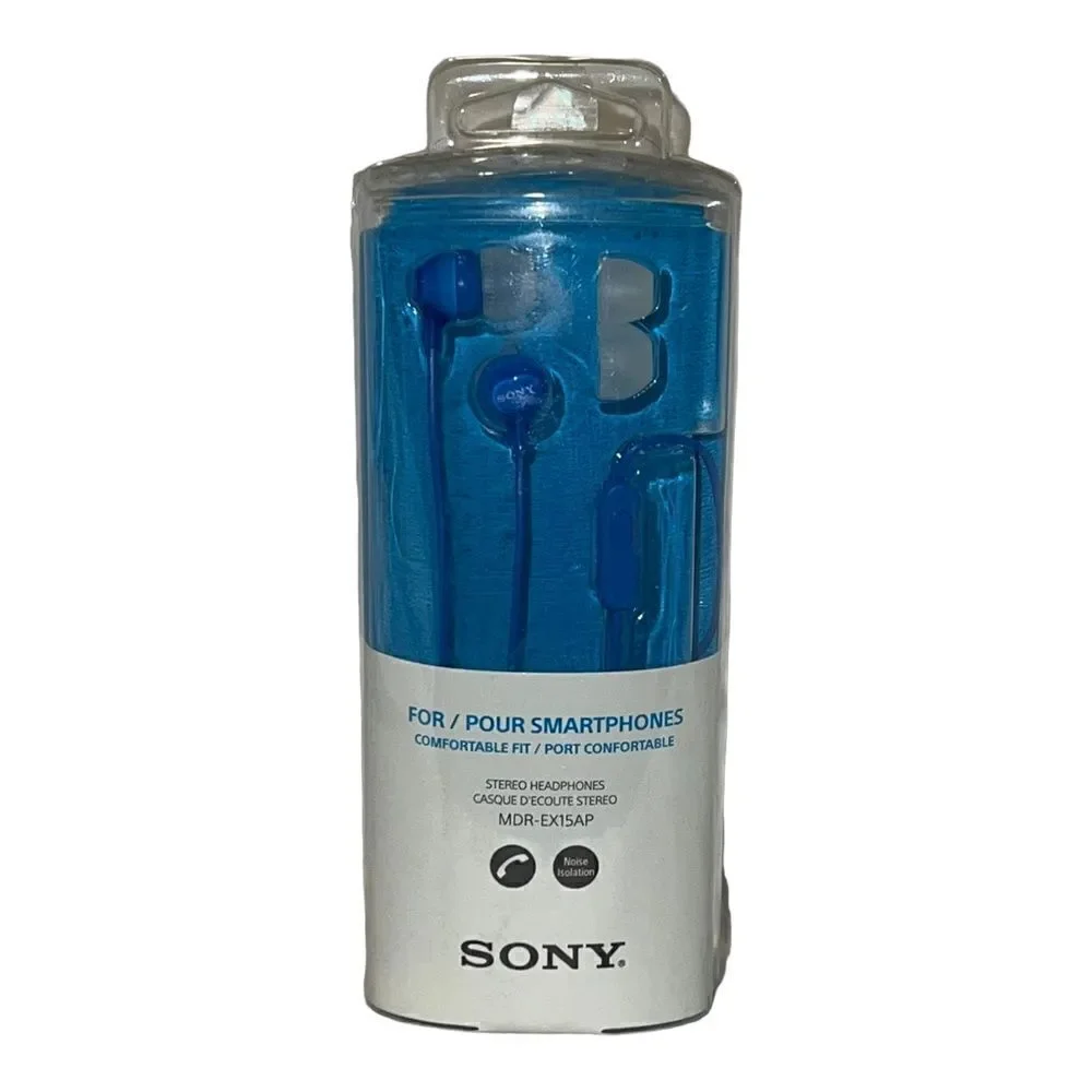 Sony MDR-EX15AP Stereo Headphones Earbuds Blue Noise Isolation & Microphone New